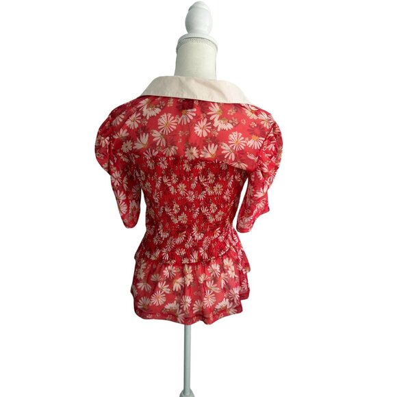 MAEVE Red Floral Collared Smocked Blouse Size Medium - Picture 8 of 10